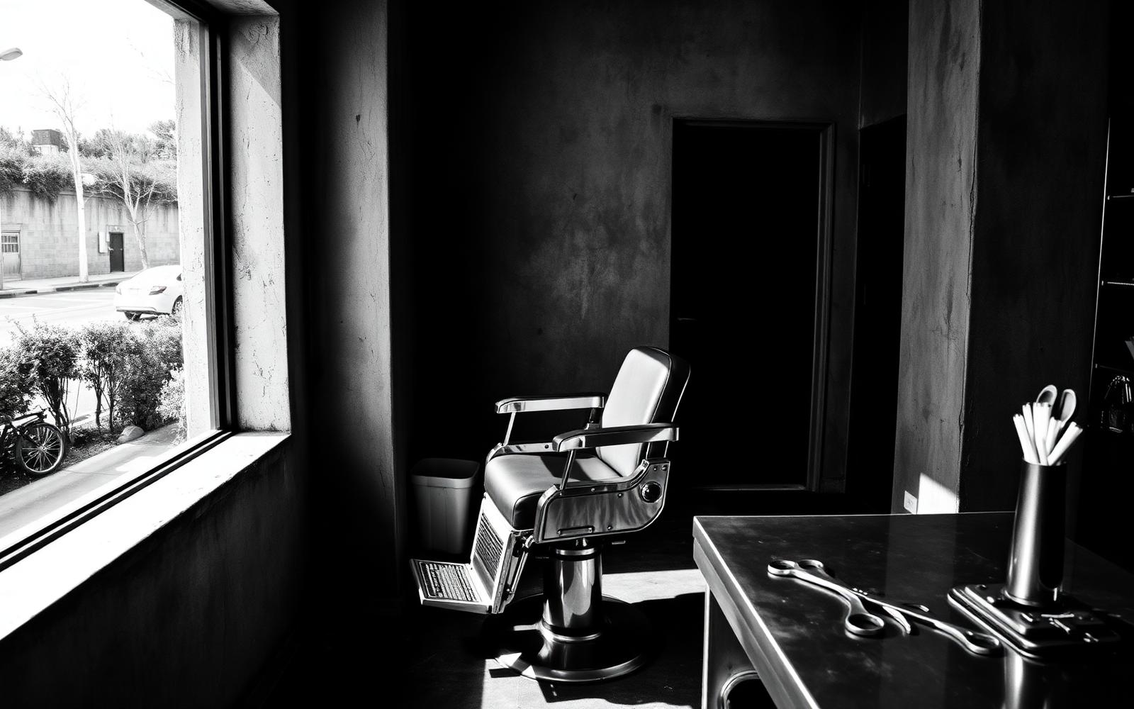 Empty barber chair in a raw concrete shop, high contrast black and white