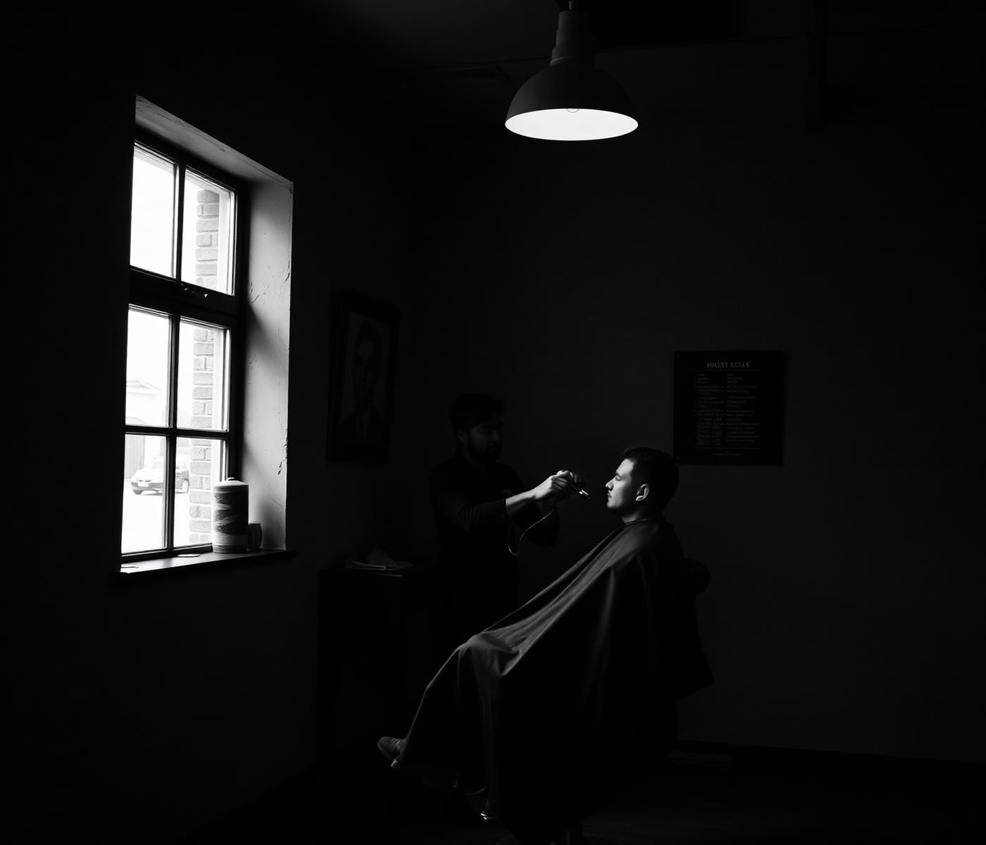 High contrast black and white photograph of a barber cutting hair