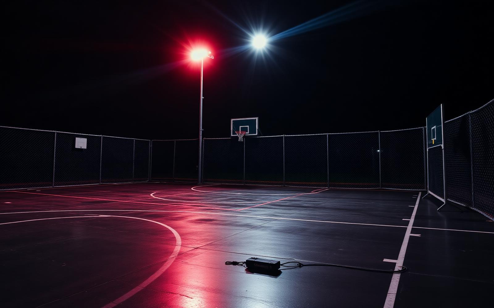 Empty floodlit outdoor basketball court at night
