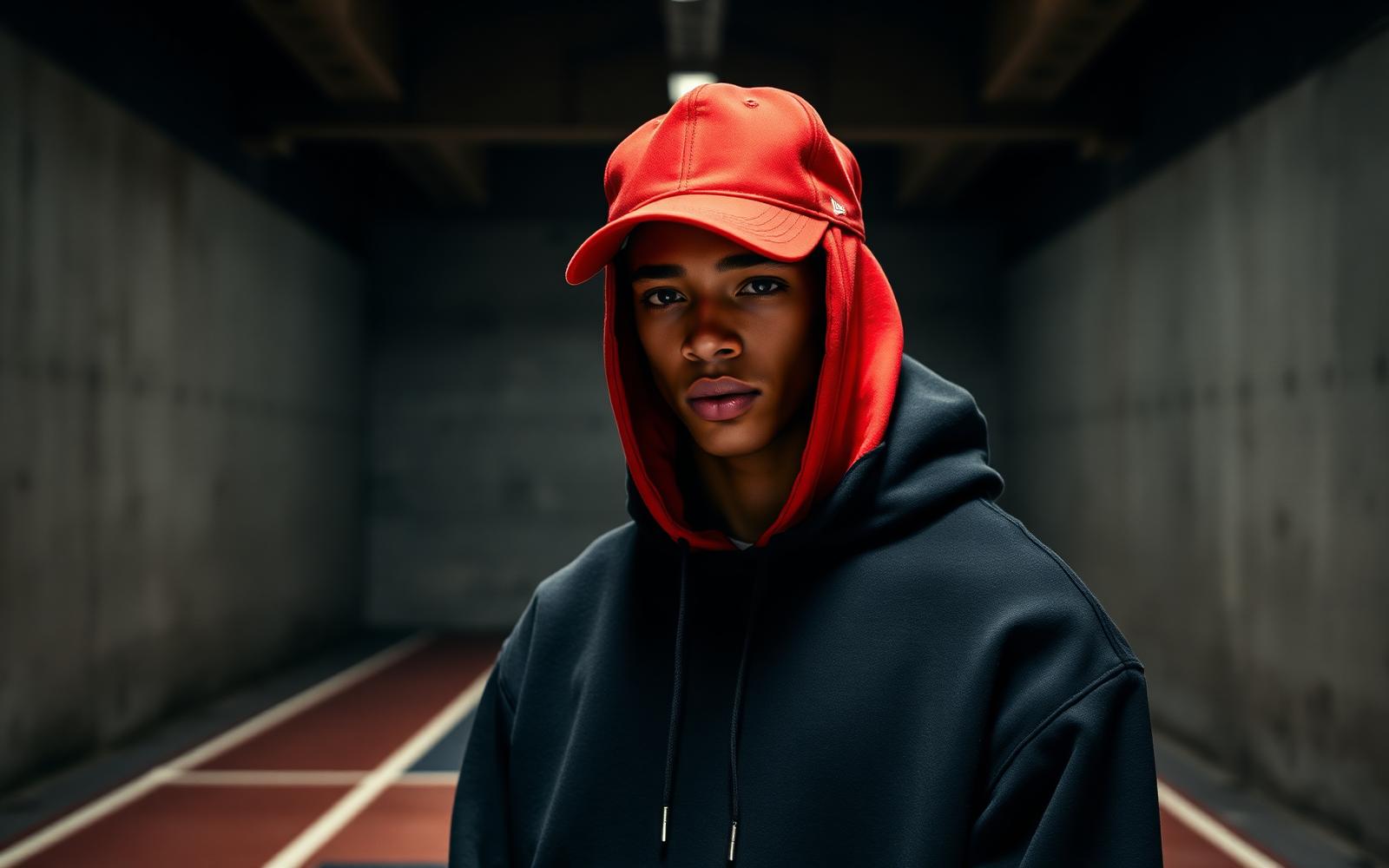 Editorial flash photograph of a model in an oversized red cap inside a concrete arena tunnel