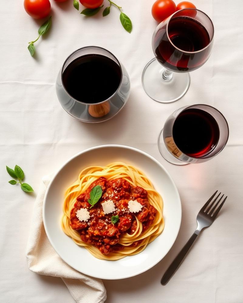 Bowl of tagliatelle al ragù beside glasses of red wine