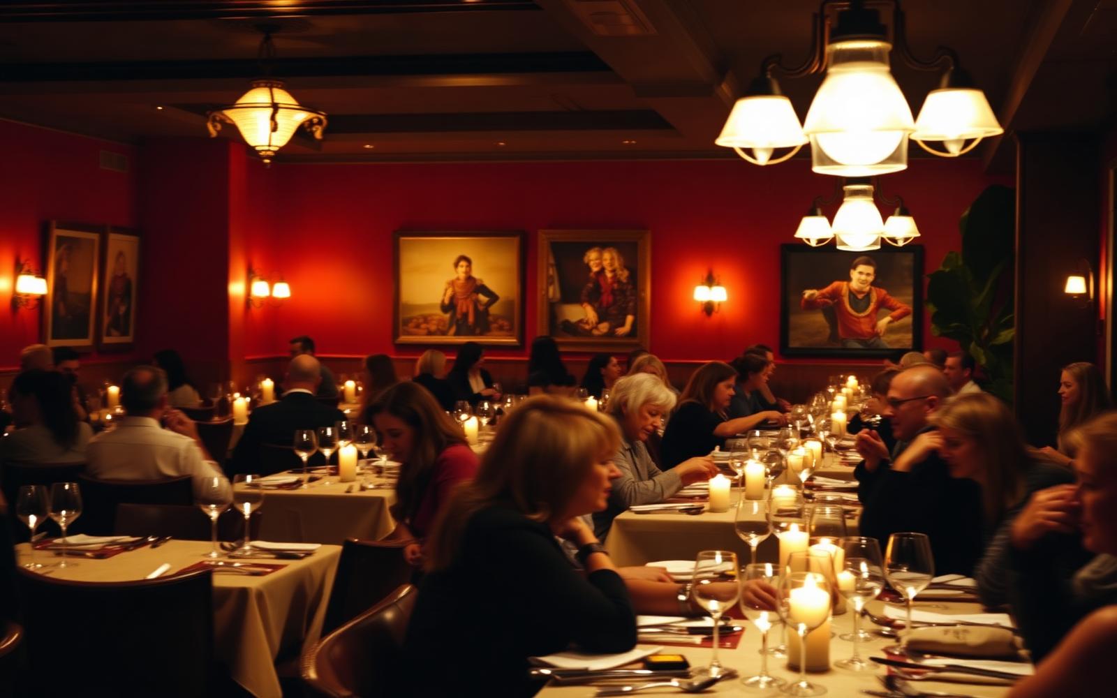 Busy candlelit dining room full of guests