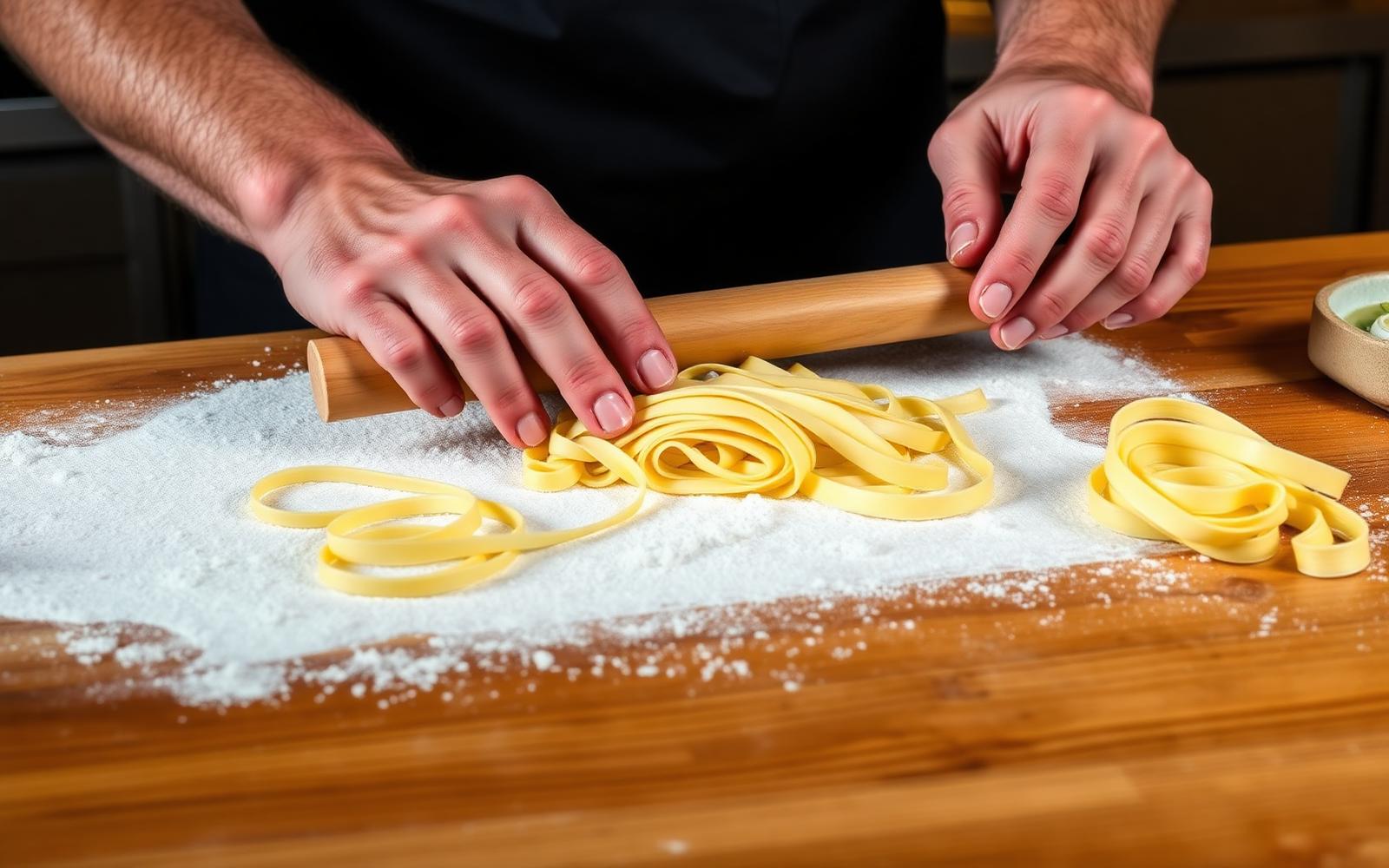 Hands rolling fresh tagliatelle on a flour dusted counter