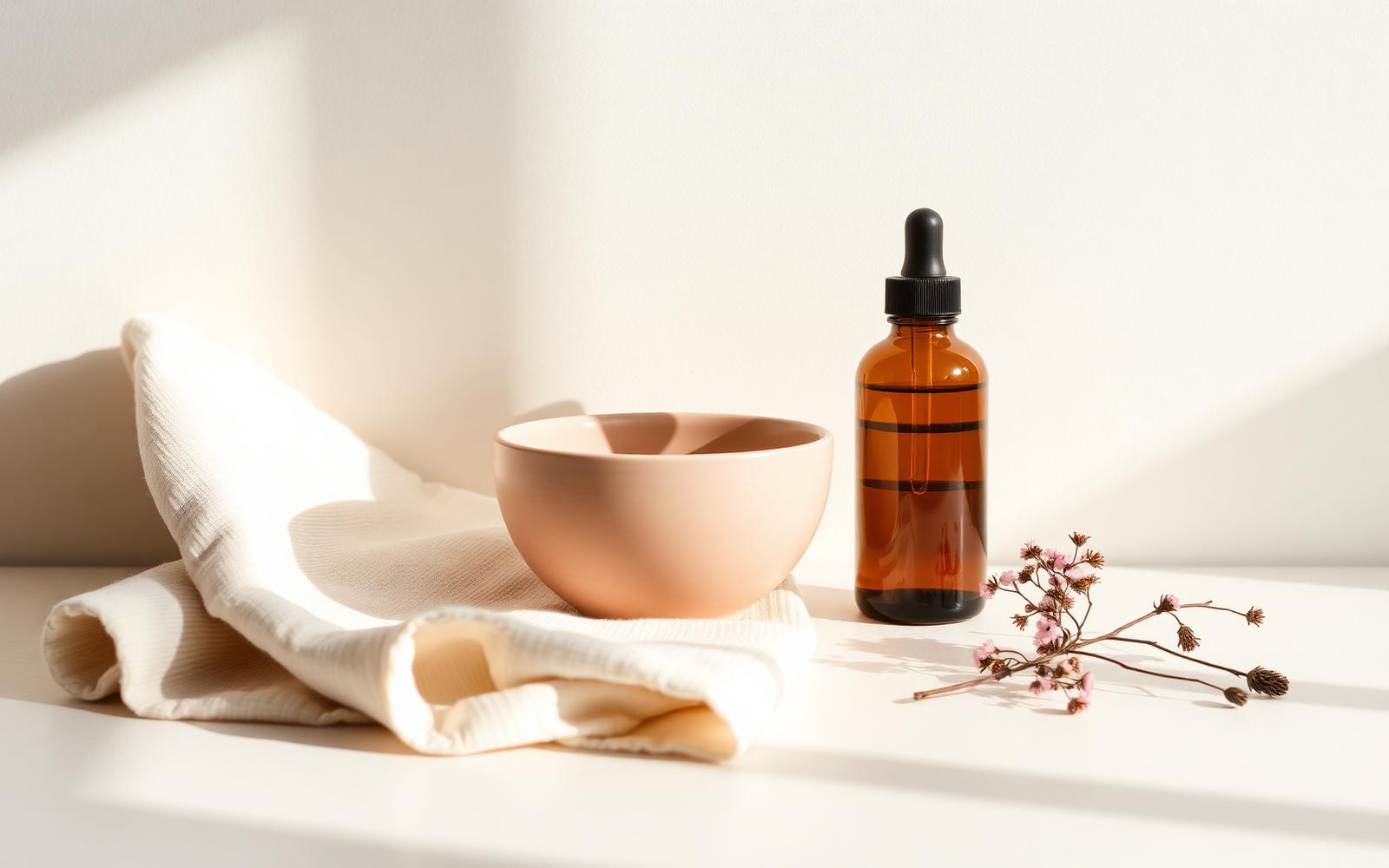 Still life of linen, a ceramic bowl and a serum bottle in soft morning light